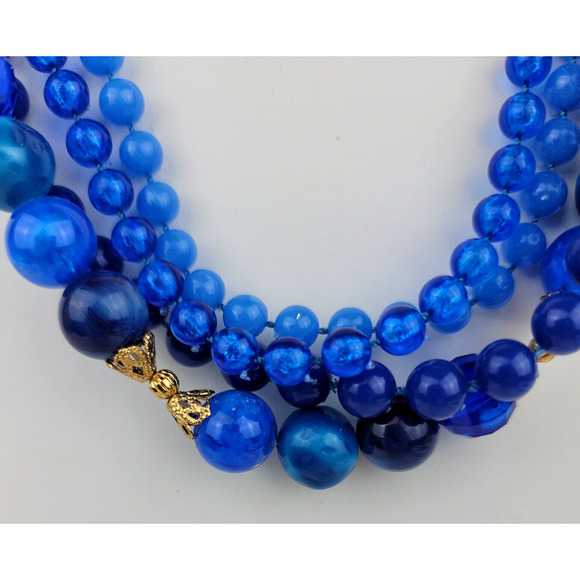 Vintage Blue Shades Bead Necklace 4 Strands Gold Tone Caps Graduated Round - Picture 2 of 12